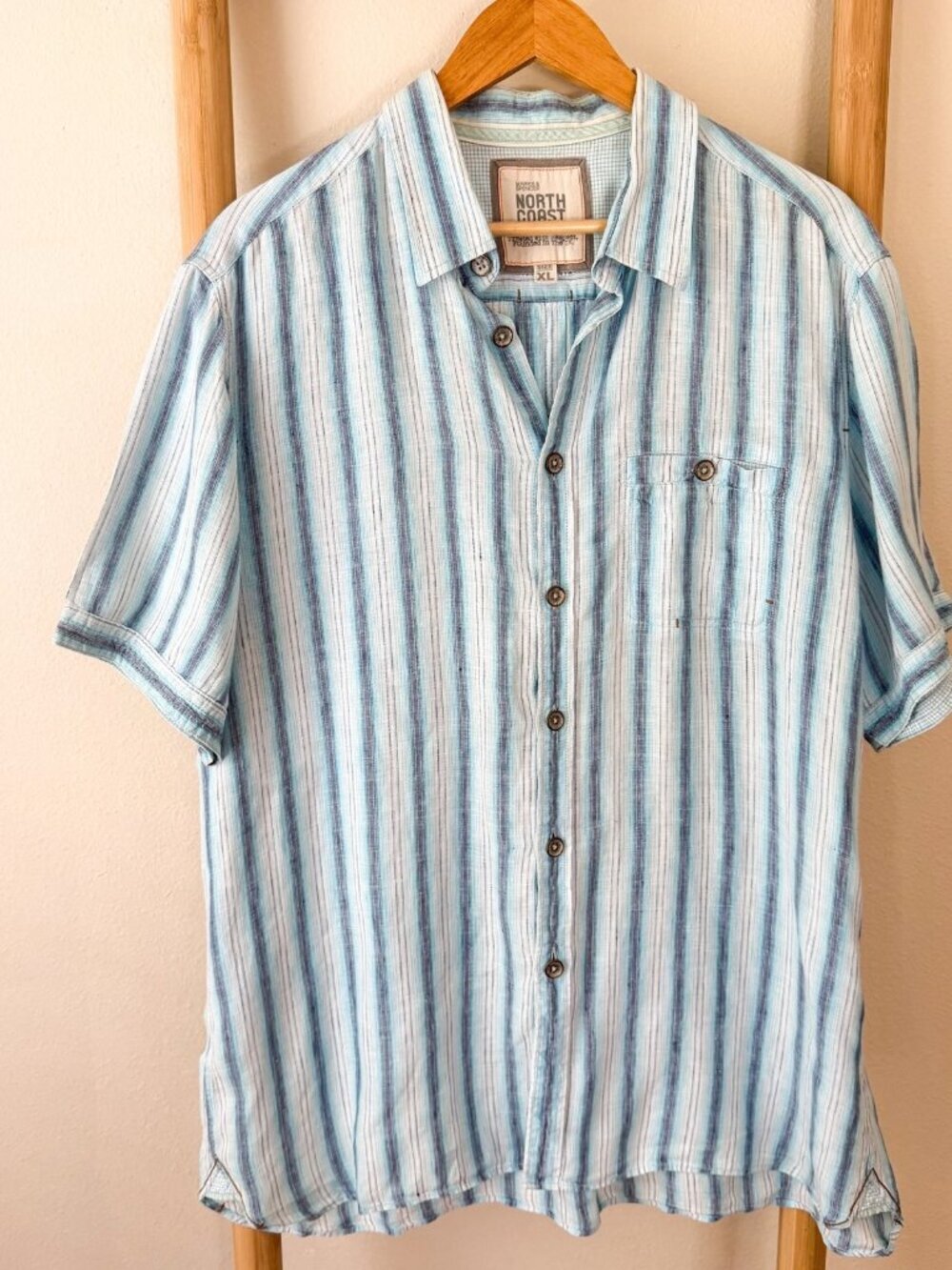 North Coast Marks & Spencer Linen Striped Button Shirt Men’s XL Blue